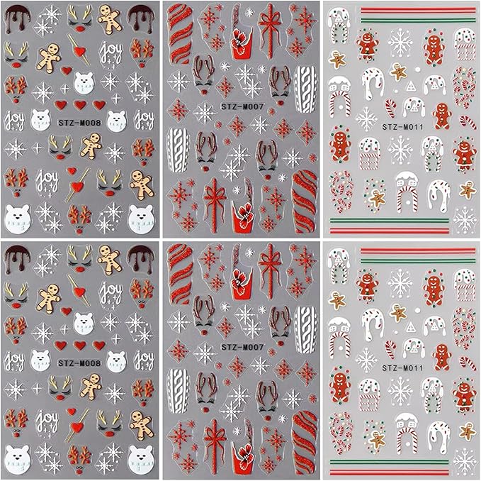 Christmas Nail Stickers,Cartoon Xmas with Cute Gingerbread Man Snowflake Candy Crutch Snowflake Gift Bow Elk French Glitter Design Self-Adhesive Decals for Nails Winter Manicure Decoration 6Sheets