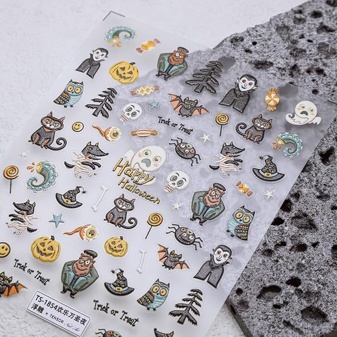 Halloween Nail Stickers for Nail Art Halloween Theme 5D Embossed Nail Decals Self-Adhesive Nails Supply Manicure Stickers for Nails Decoration
