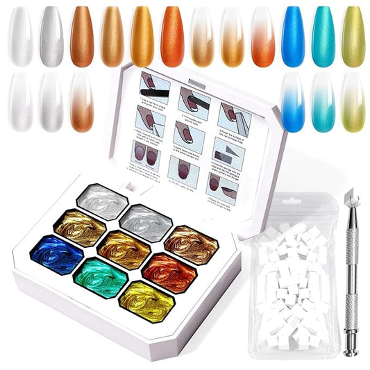 Gradient Painting Gel, 9 Colors Ombre Gel Nail Polish Gold Silver Blue Metallic Effect Sponging for Pigment Pat Aura Nails, French Manicure Soak of UV Home Salon Satin Metal