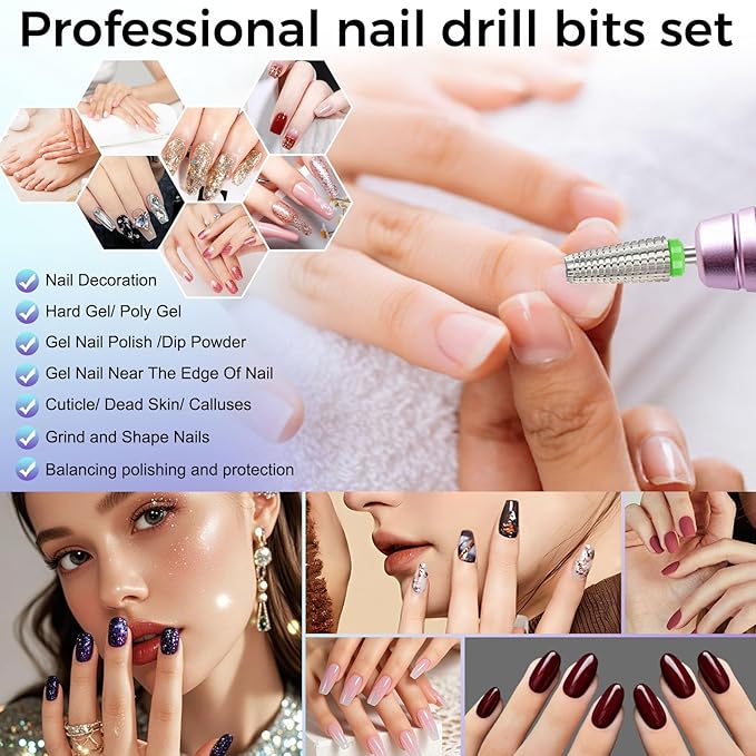 Fantexy 5 in 1 Nail Drill Bits,Professional 3/32" Shank Tungsten Steel Bits for Acrylic Nails,Manicure,Nail Art,Drill Machine,Both Left and Right Handed - Two Way Rotate Use (Coarse - C)