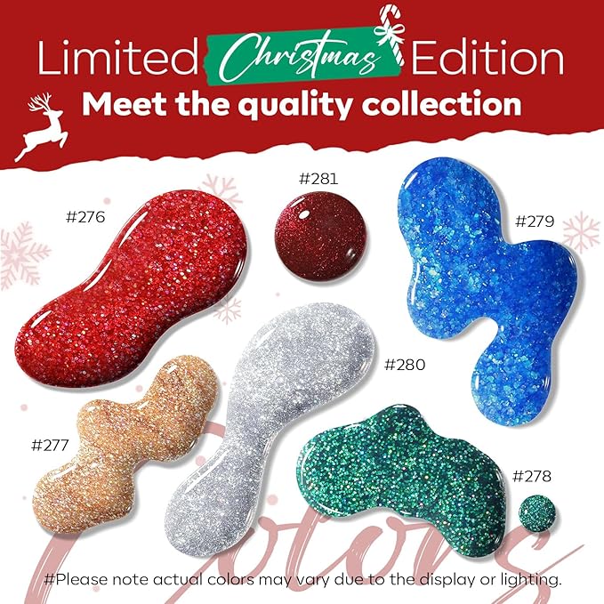 modelones Christmas Nail Polish Set 6 Colors, Red Green Burgundy Gold Silver Blue Glitter Quick Dry Mini Nail Lacquer Kit with Stickers, Winter Nail Art Manicure New Year Gift for Girls Women