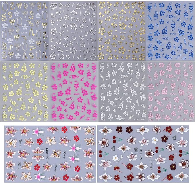 Flower Fall Stickers for Nails 10 PCS Brown Hibiscus Nail Art Decals 3/5D Self-Adhesive Pink Blue White Flowers Stickers Beach Autumn Nail Design DIY Charms Manicure Decoration Nail Supplies