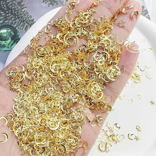 1000Pcs Mini Gold Star Moon Heart Nail Art Charms Hollow Diamond Shape Alloy Nail Charms 3D Metal Starfish Love Heart Nail Gems Nail Supplies Kawaii Nail Jewelry for Women DIY Nail Art Decor