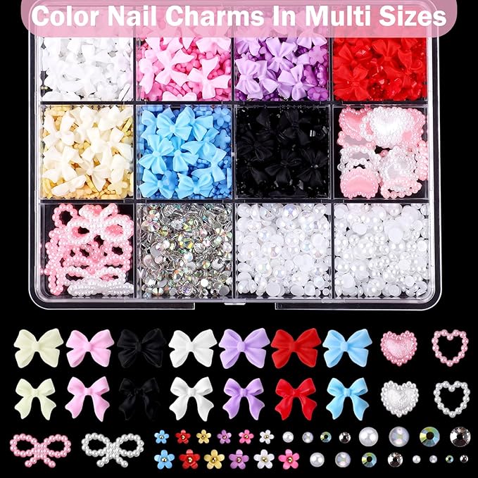Mixed 3D Nail Charms and Rhinetones, Color Flower Bow Star Nail Art Charms,Half Round Pearl Flatback AB Nail Gems,Gold & Silver Nail Studs,Gravel Diamond Manicure Kit DIY Nail Art Supplies Accessories