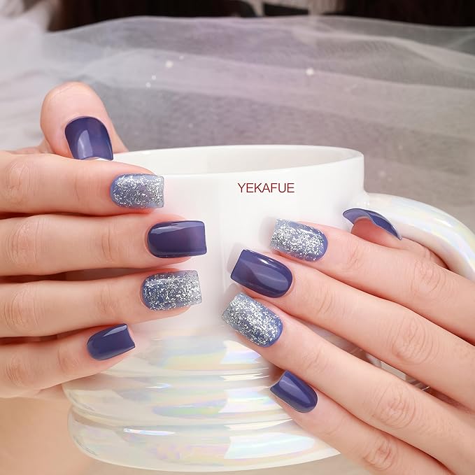 No Lamp Gel Nail Strips 22 Pcs Wraps - Dark Purple Silver Glitter, Easy Apply Gel Nail Stickers Long Lasting, Salon-Quality, 2 Prep Pads, 1 File, 1 Wooden Stick