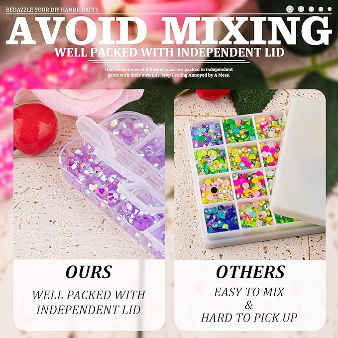 5000PCS Resin Rhinestones with Tweezers for Crafting, 2/3/4/5/6mm Flatback Jelly Rhinestones, 3 Box Lavender Purple AB Non Hotfix Crystal Gems for DIY Crafts Mugs Tumblers Clothes Makeup Nail