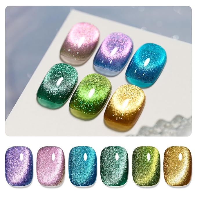 GAOY Glitter Cat Eye Gel Nail Polish Set with Magnet Colorful Galaxy for Holographic Cat Eye, Salon Gel Manicure and Nail Art DIY at Home