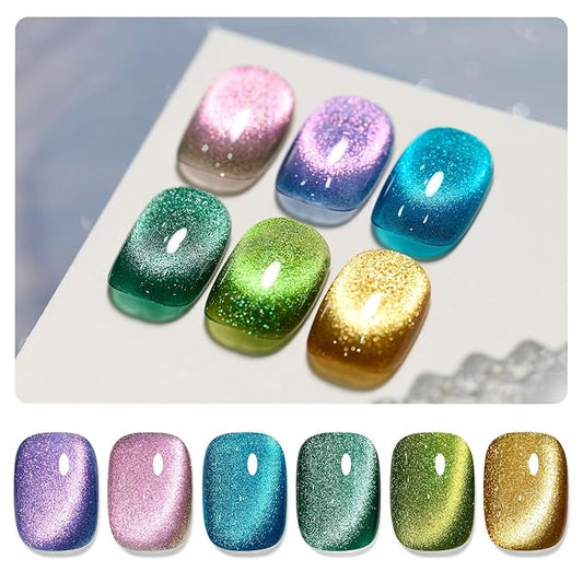 GAOY Glitter Cat Eye Gel Nail Polish Set with Magnet Colorful Galaxy for Holographic Cat Eye, Salon Gel Manicure and Nail Art DIY at Home