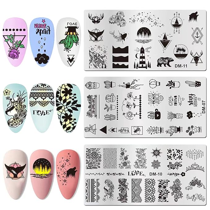 LoveOurHome Nail Stamping Plate Kit Flower Butterfly Lace Animal Fingernails Template Stencil Stamps Plate Silicone Stamper Scraper Manicure Design Tools Set (Flower)