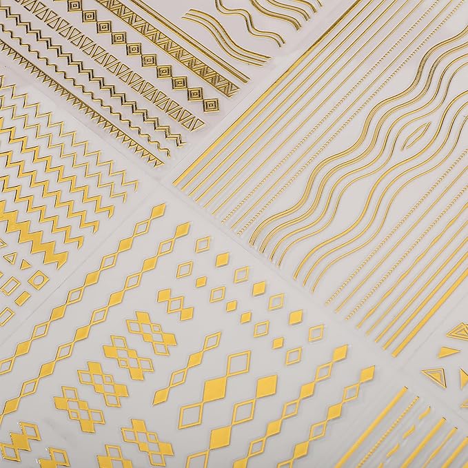 12 Sheets Gold Line Nail Art Stickers - French Smile Waves Strip Self-Adhesive Nail Decals for DIY Geometric Manicure