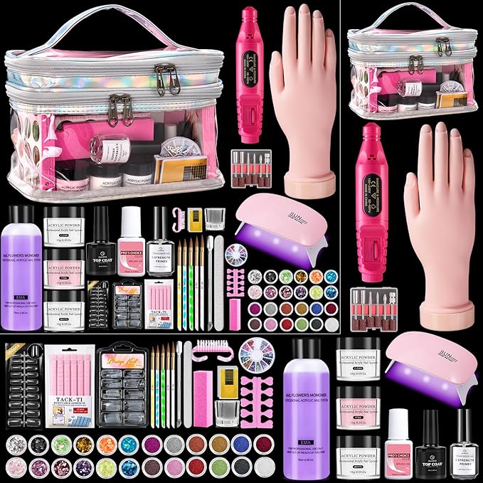 Nail Kit for Beginners with Everything: Professional Nail Acrylic Powder Liquid Set with Practice Hand Drill U V Light in Cosmetic Bag for Women Salon Home (Silver)