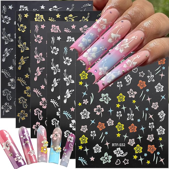 6 Sheets Flower Nail Stickers for Nail Stickers,Self Adhesive Hibiscus Nail Art Stickers 3D Pink White Silver Gold Flower Nail Design Stickers Summer Floral Nail Decals for Women Girls Nail Supplies