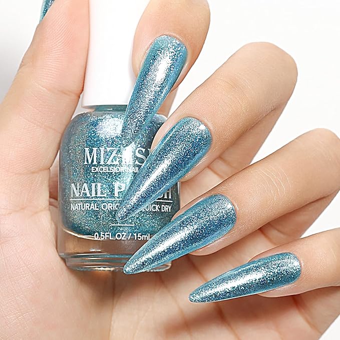 MIZHSE Quick Dry Glitter Blue Nail Polish, Fast Drying Nail Polish, 15ml High Glossy Sparkly Shiny Shimmer Nail Lacquer Nail Art Salon Manicure Home