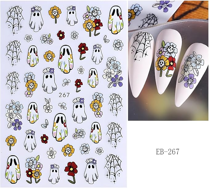 6 Sheets Halloween Nail Art Stickers Flower Nail Stickers 3D Self-Adhesive Ghost Nail Decals with Star Design Pumpkin Bat Nail Supplies Decoration Accessories for Women and Girls