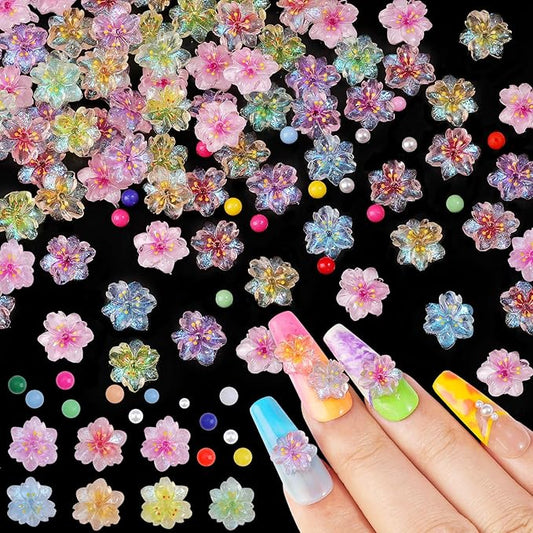 300Pcs Flower Nail Charms Kit, 100Pcs 3D Resin Cherry Nail Charms and 100Pcs Pearls with 100Pcs Macaron Beads, Colorful Hibiscus Floral Tiny Gems Round Beads for Women Manicure Craft DIY