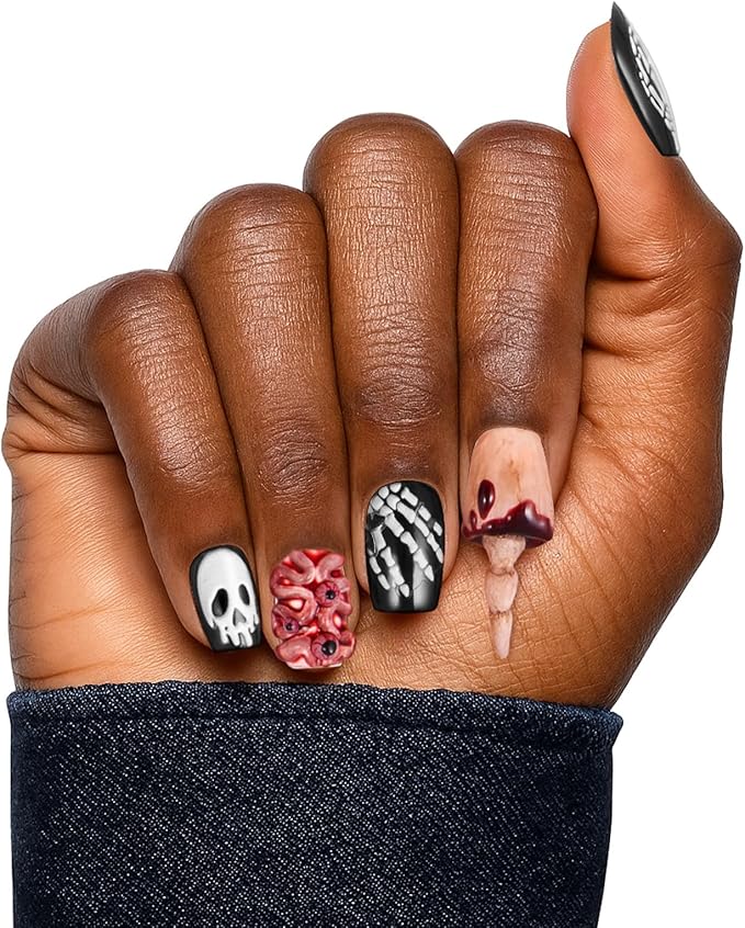 Halloween Nail Decals – 5 Sheets Bratrico 5D Halloween Nail Stickers, Self-Adhesive with Skulls, Bones, Black Butterfly Spiders & Black Roses, Classic Halloween Manicure Set for Women, Girls & Teens