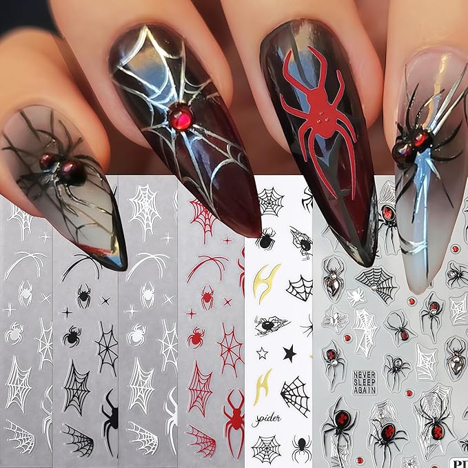 Spider Nail Art Stickers 3D Self-Adhesive Black White Red Silver Spiders Spider Web Star Nail Design Decals Halloween Nail Stickers DIY Holiday Manicure Decoration for Salon Acrylic Manicure 6 Sheets