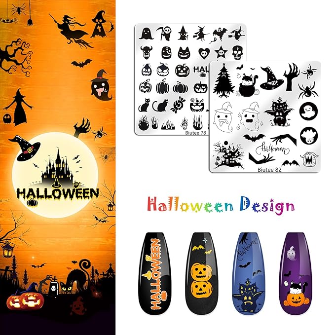 Biutee Nail Stamping Plates Set 16PCS Nail Stamper Kit with Nail Stamper, Scraper & Storage Bag Nail Art Stamping Plates Halloween Christmas Butterfly Star Flower Leaf Bowknot Design Nail Stamping Kit