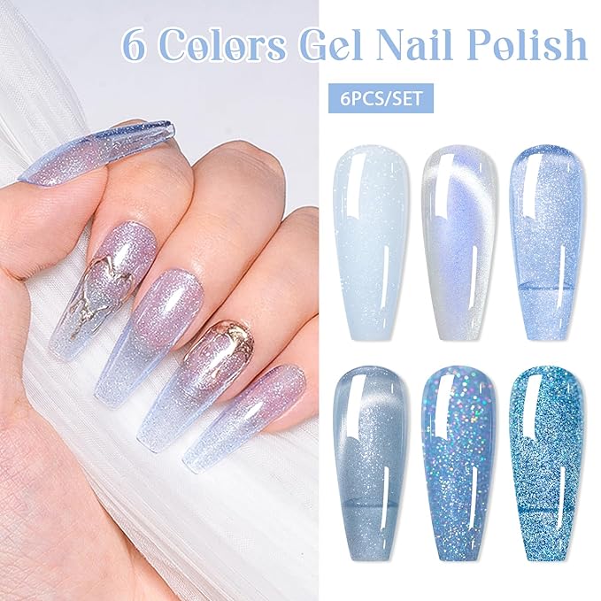 MEET ACROSS Gel Nail Polish Set 6 Pcs Glitter Colors Gel Nail Kit Art Design Soak Off UV LED (SET-9, 6pcs)