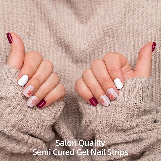 Semi Cured Gel Nail Strips | 28 PCS Gel Nail Stickers Work with Any UV Lamps, Long Lasting Nails Wraps for Women Home DIY Nails Art (Red Grapefruit)