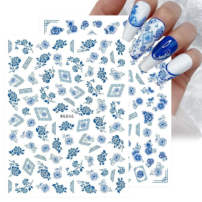 8 Sheets Blue and White Porcelain Nail Art Stickers Decals Self-Adhesive Pegatinas para Uñas Retro Elements Tiger Lion Dragon Flowers Design Manicure Tips Nail Decoration for Women Girls