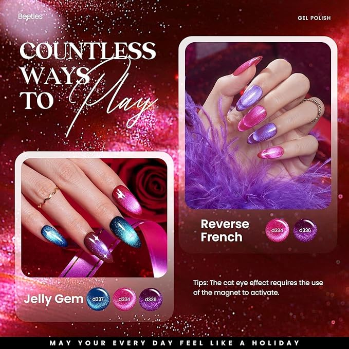 Beetles Winter Gel Nail Polish 20 Winter Colors Cat Eye Gel Polish Set Burgundy Red Purple Black with Magnet Pen Base Top Coat DIY Salon Manicured Soak Off UV LED Lamp Gifts for Women Gemstone Party