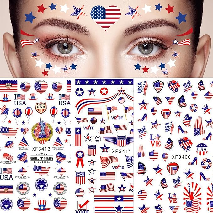 Patriotic 4th of July Nail Art Decals - 8 Sheets 3D Self-Adhesive Nail Stickers for Women
