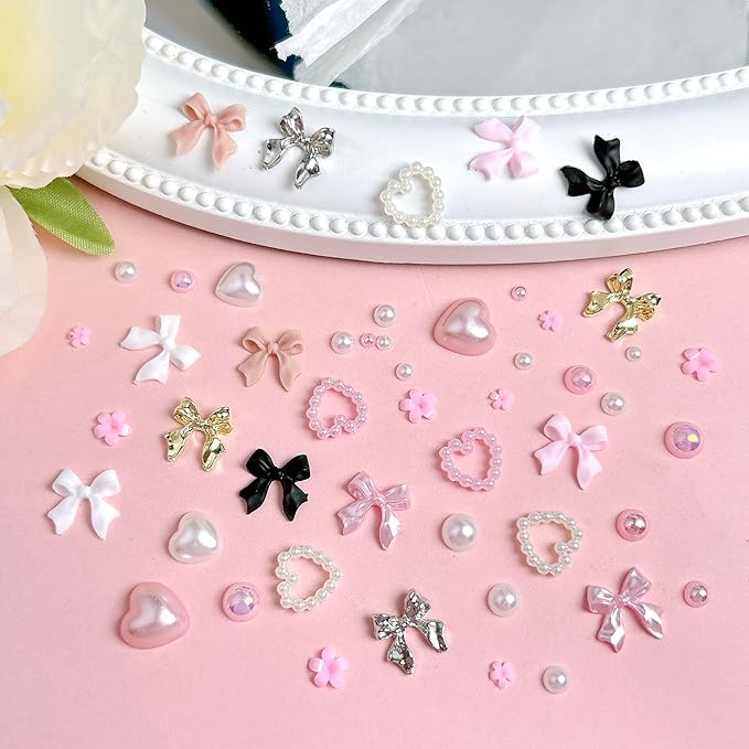 Gold Bow Nail Charms Kit, Cute Pink Flowers Bows 3D Nail Charms for Nails Decoration, White Flatback Pearls Heart Nail Art Jewels for Women Manicure DIY Crafts Accessories