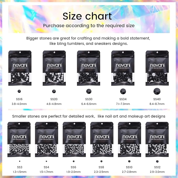 Novani Black Rhinestones 1440pcs SS10 Glass Rhinestones Crystal Flatback Gemstones for Crafts Nails Makeup Bags and Shoes Decoration（SS10, 2.8mm）