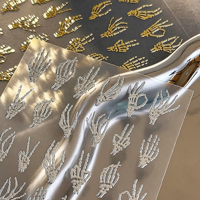 2 Sheets 5D Halloween Nail Stickers for Nail Art Self-Adhesive Embossed Hand Bones Nail Art Stickers Gold Silver Horror Hand Bone Nail Decals Halloween Nail Design Sticker for Women DIY Manicure