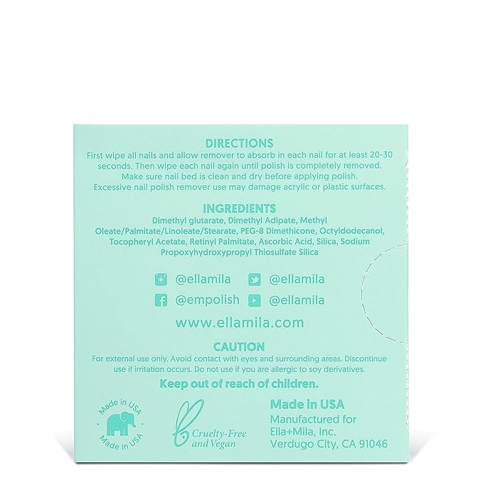 ella+mila Soy Nail Polish Remover Wipes Non-Acetone Lint Free Nail Wipes - Non-Toxic Fingernail Polish Remover - Unscented & Enriched with Vitamins A,C & E (5 Pack)