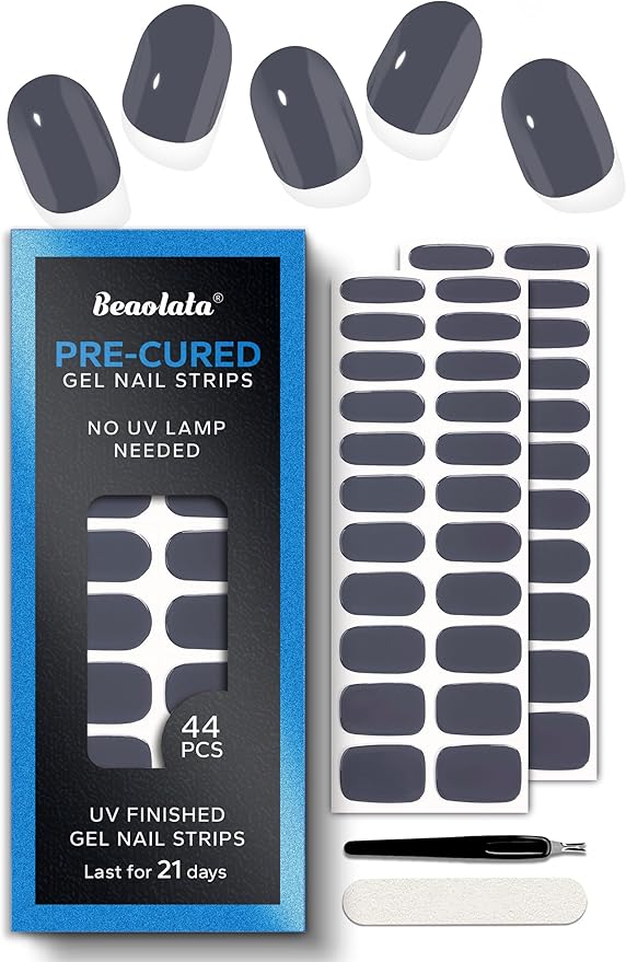Pre Cured Gel Nail Strips - 44PCS Salon Quality Gel Nail Stickers - Long Lasting Polish Wraps for Women no UV Light Needed Easy Apply& Remove (Midnight blue）