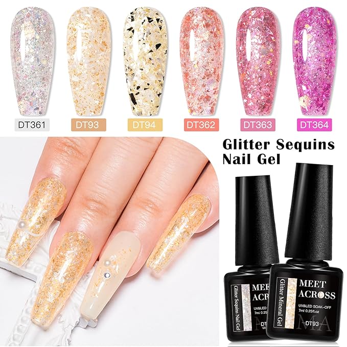 MEET ACROSS Gel Nail Polish Set 6 Pcs Glitter Colors Gel Nail Kit Art Design Soak Off UV LED (SET-6, 6pcs)