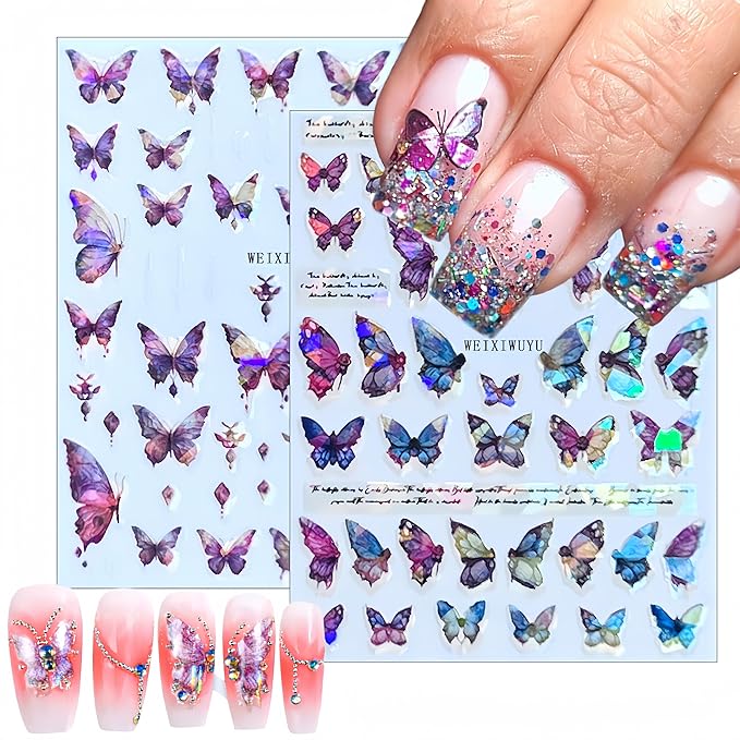 6Sheets Butterfly Nail Art Stickers Aurora Shell Butterfly Nail Decals Self Adhesive Butterflies Nails Design Stickers Glitter Butterflies Gradient Nail Supplies for Women Acrylic Nail Decoration