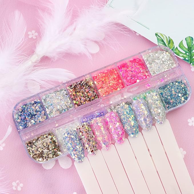 Colorful Glitter Nail Art Sequins, 12 Colors Iridescent Nail Flakes Decorations, Holographic Ultra-Thin Hexagon Powder Nail Art Design for Women Girls Manicure Sparkly Acrylic Supplies, Nail Art Tips