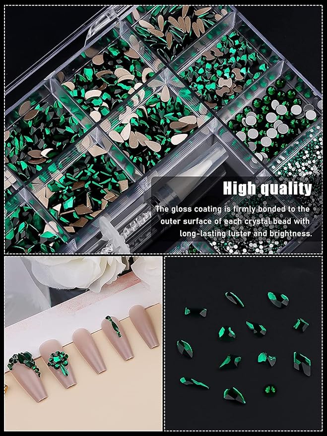 3100Pcs Green Rhinestones for Nail, EBANKU 12 Types of 600 Nail Diamonds +2500 Flat Rhinestones Kit Mixed Shape AB Nail Gems Jewels with Rhinestone Picker Dotting Pen Tweezers