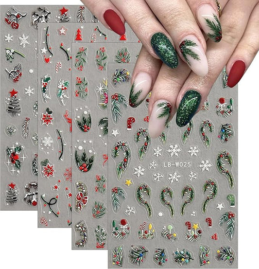 4Pcs Christmas Nail Art Stickers 5D Embossed Nail Decals Winter Christmas Tree Elk Snowflake Nail Art Design Self Adhesive Nail Supplies for Women DIY New Year Xmas Holiday Nail Decoration Accessories