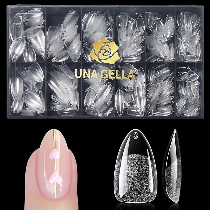 UNA GELLA Short Almond Gel Nail Tips, 600 Pcs Pre-Filed Short Nail Tips Almond Shape Half Matte Press On Nails 12 Sizes Full Cover Clear Fake Nails for Extension Home DIY Salon with Box