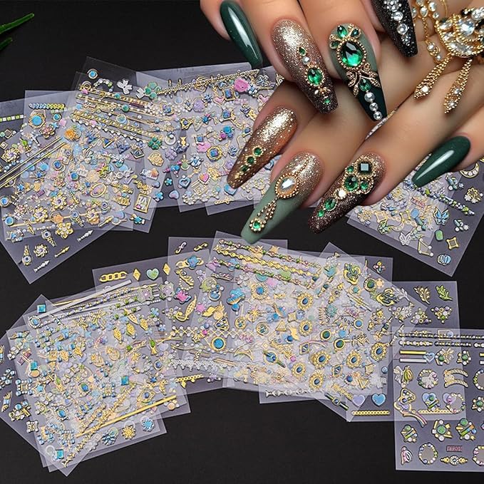 30 Sheets Gold Nail Art Stickers Blue Diamond Nail Design Stickers Heart Self Adhesive Acrylic Nail Supplies 3D Cute Floral Nail Decorations for Women Girls