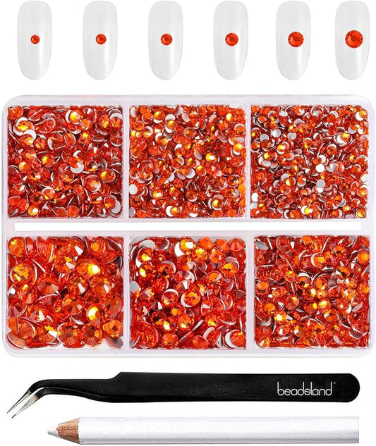 Beadsland 4300pcs Flatback Rhinestones,Orange Rhinestone Nail Gems Round Crystal Rhinestones for Crafts,Mixed 6 Sizes with Picking Tweezers and Wax Pencil Kit, SS6-SS20,Hyacinth/Orange
