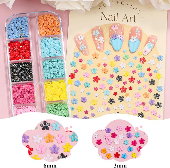 3 Boxes 3D Flower Nail Charms and Gems - Colorful Nail Flower & Metal Butterfly Charms Clear Rhinestones Gemstones Silver/Gold Caviar Beads White Pearls with Nail Chain for DIY Nails (13-S3-Mixed2)