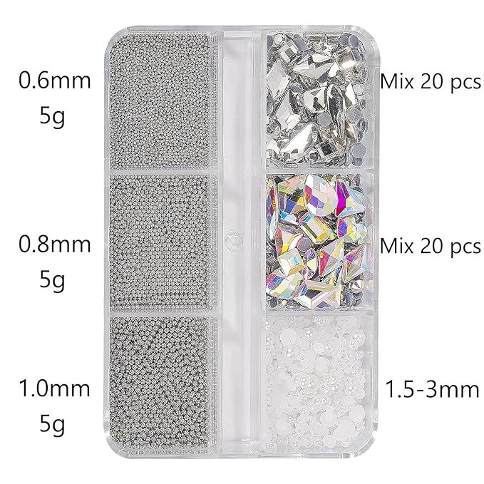 3D Nail Art Charms Silver Grey Nail Micro Caviar Beads Rhinestones for Acrylic Nails Mix Size Multishape AB Nail Rhinestones Nail Crystal Studs Flatback Pearl Kit for Nail DIY Craft Decoration