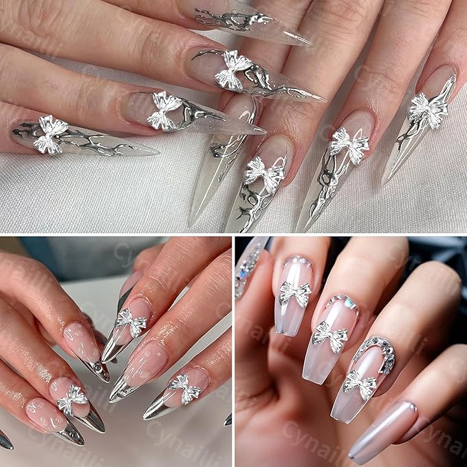 80 Pcs Silver Alloy Bow Nail Charms, 3D Metal Bowknot Nail Jewelry, Nail Art Design DIY Accessories