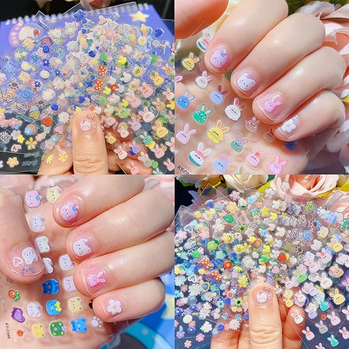 30 Sheets Easter Nail Art Stickers Cute Rabbit 3D Self-Adhesive Nail Decals Spring Cute Bunny Flower with Bling Designs Acrylic Nail Design Stickers Colorful Nail Decor for Women DIY Manicure