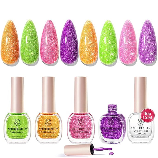 AZUREBEAUTY Nail Polish Set, 4 Colors Shimmer Glitter Neon Pink Orange Green Purple Spring Summer Long Lasting Quick Dry Natural Fingernail Lacquer Strengthening Kit with Top Coat DIY Salon