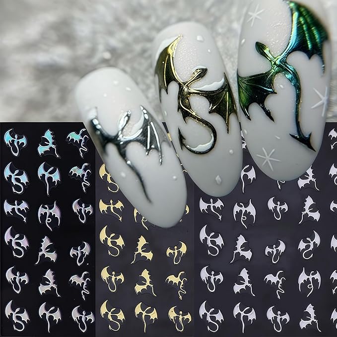 6Pcs Halloween Nail Art Stickers 3D Holographic Flying Dragon Nail Decals Self Adhesive Horror Bat Nail Stickers Gothic Bat Nail Supplies Halloween Holiday Decoration Nails Supply for Women DIY