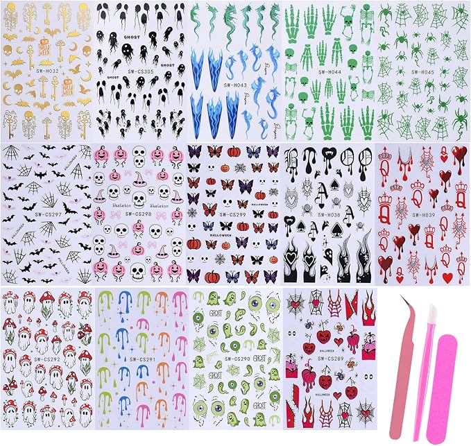 Halloween Stickers for Nails Art 12PCS 3D Cute Ghost Skull Nail Decals with Tweezers Self Adhesive Luminous Designs Acrylic Nails Supplies Bat Skeleton Spider Web Stickers for Women Girl DIY Decor