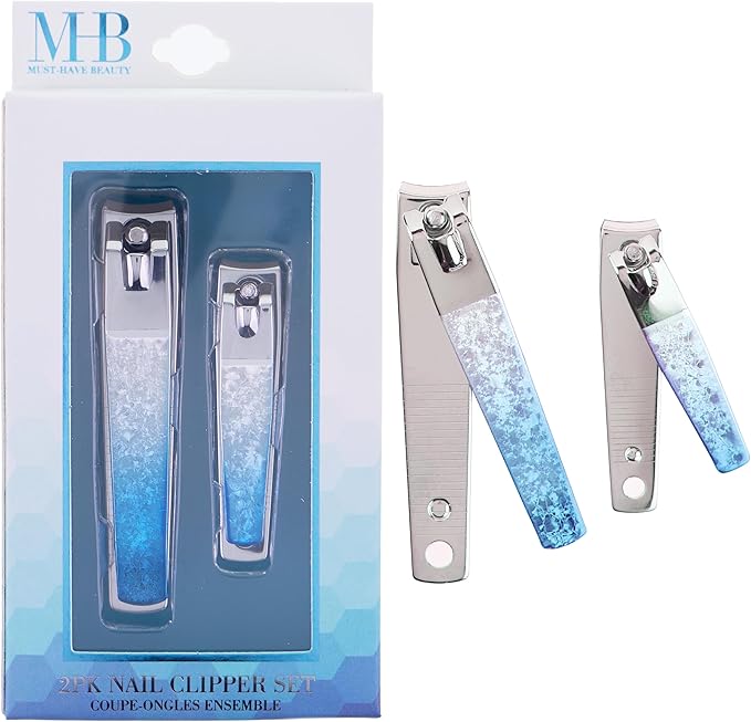 2pc Nail Clipper Set - Big & Small Precision Nail Clippers Value Pack, Water-Resistant Pink Nail Clippers with Comfortable Silicone Grip (Blue)