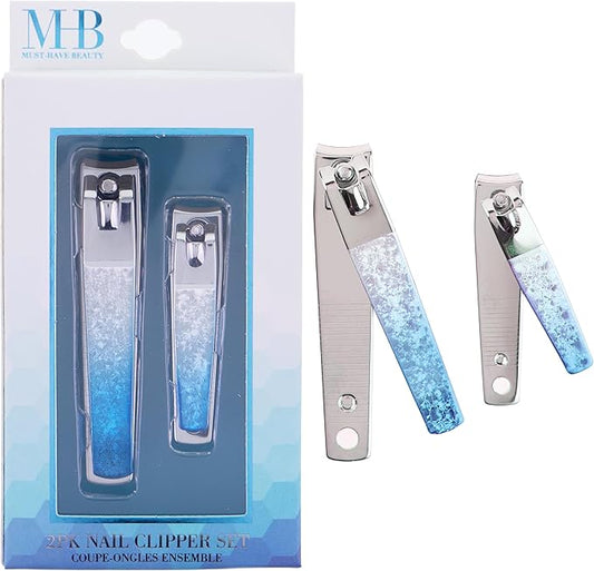 2pc Nail Clipper Set - Big & Small Precision Nail Clippers Value Pack, Water-Resistant Pink Nail Clippers with Comfortable Silicone Grip (Blue)