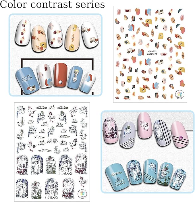 8 Sheets Geometry Summer Nail Stickers for Girls,Fruits Nail Decals 3D Self-Adhesive Kids Flower Nail Stickers Little Rainbow Design Holiday Decals for Women
